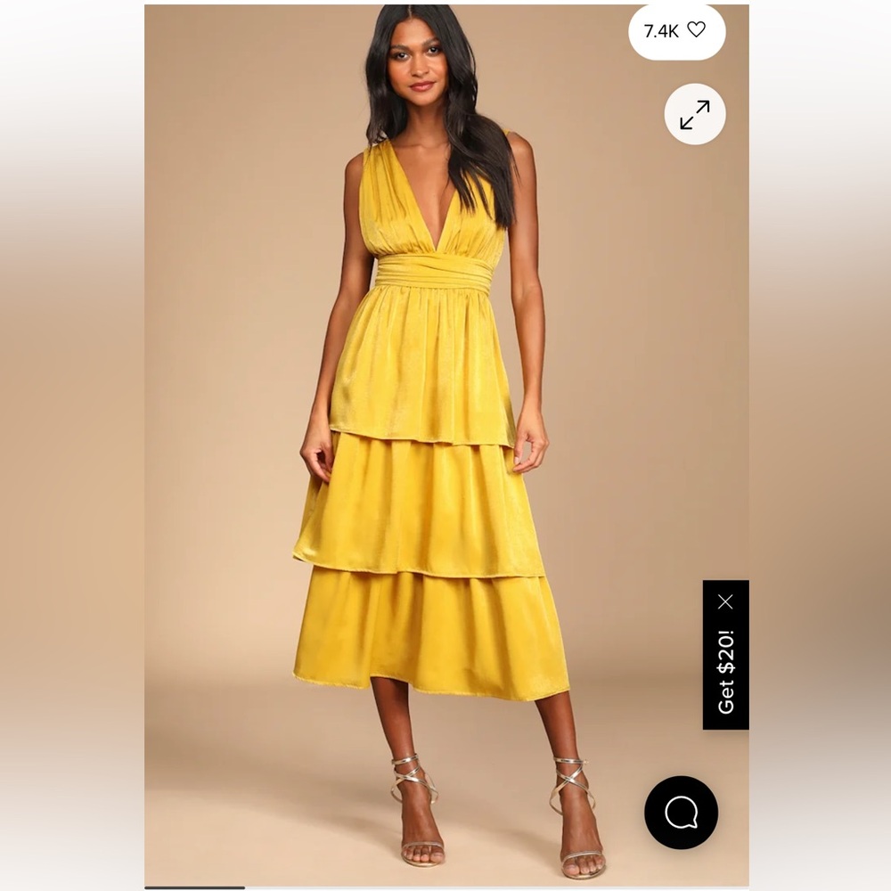 Lulu's Peak Party Vibe Mustard Yellow Satin Tiered Tie-Back Midi Dress - Picture 3 of 5